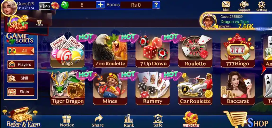 3Card Guru Game dashboard showing different types of games.