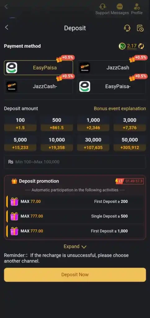 A screenshot showing the deposit page of No 777 Game with Easypaisa and JazzCash payment options.