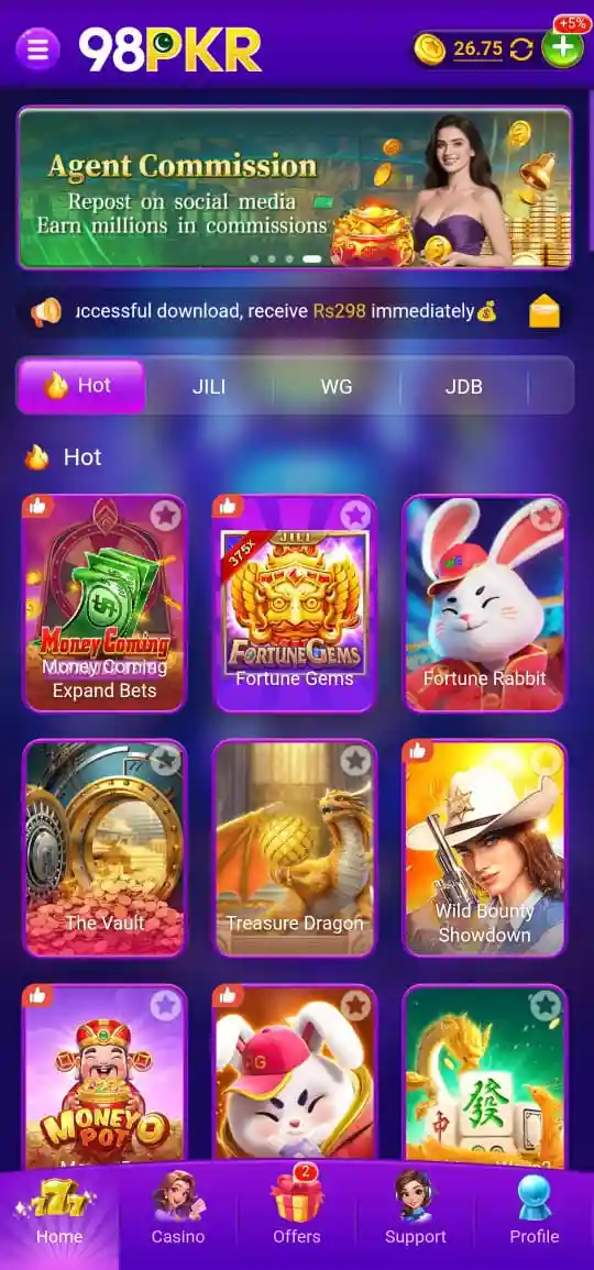 98 PKR Game lobby showing different types of games