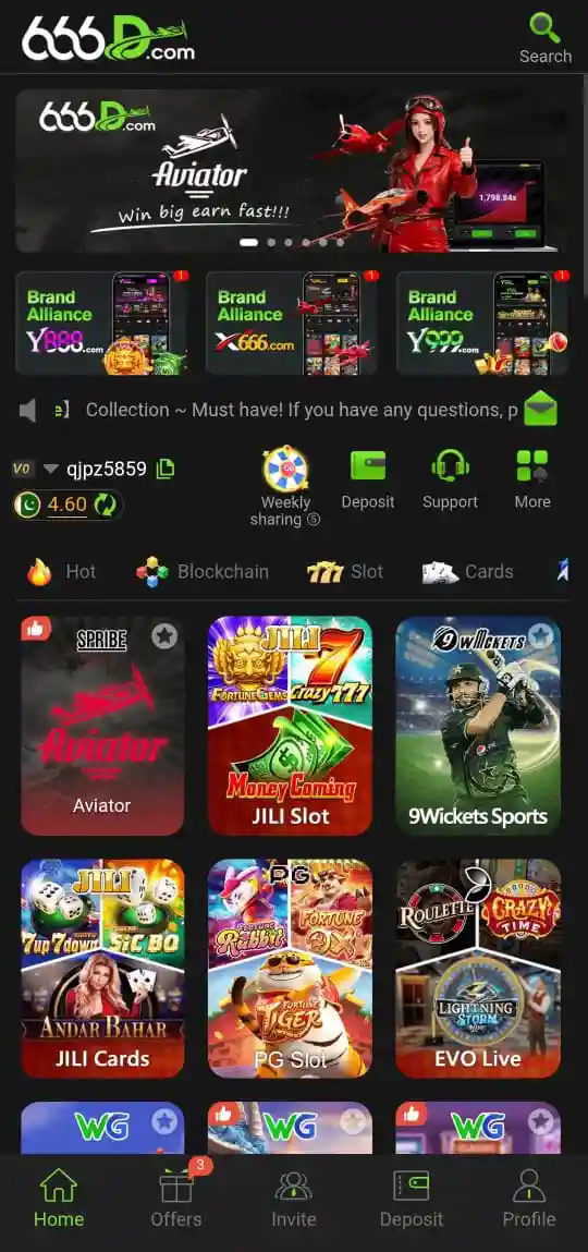 666D Game dashboard showing different types od games