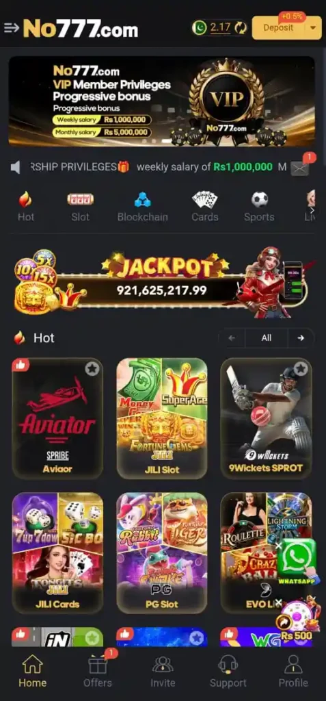 A picture showing the main lobby of No 777 Game with different game icons in a colorful layout.