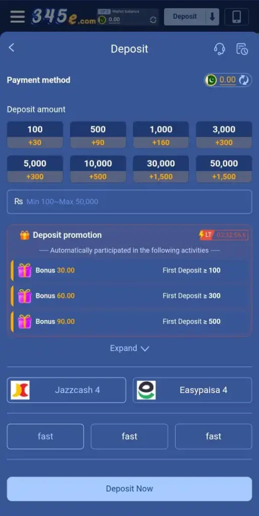 Deposit method in 345e Game