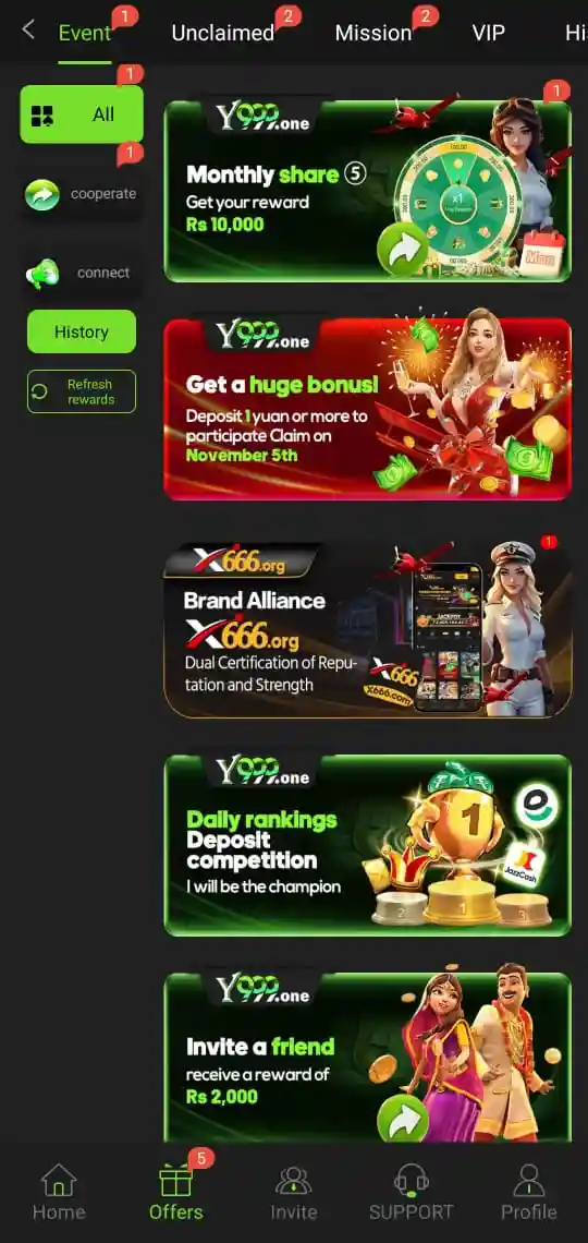 Limited-time event offer banner showing special rewards and bonus coins in Y999 Game.