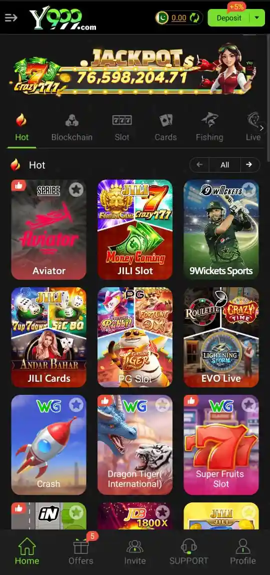 Y999 Game app home screen showing different game icons and earning options.