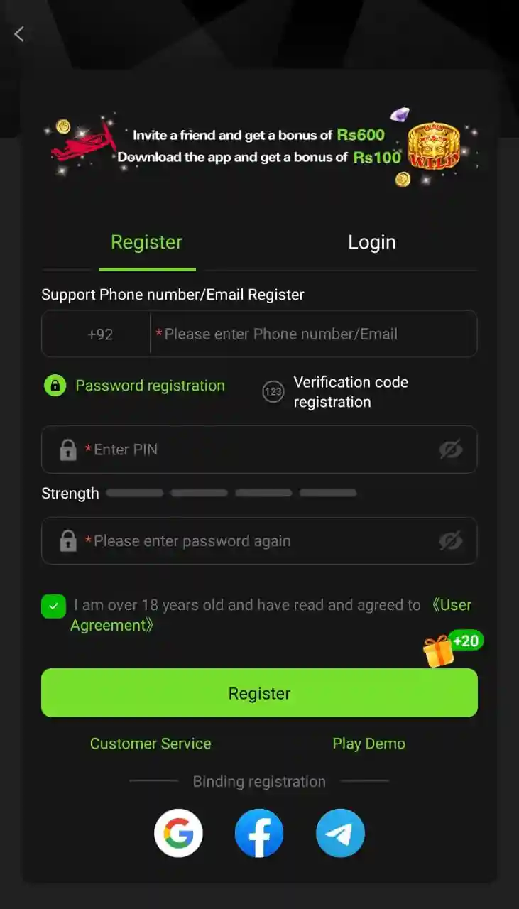 Registration screen of Y999 Game app where user can enter phone number and create an account.
