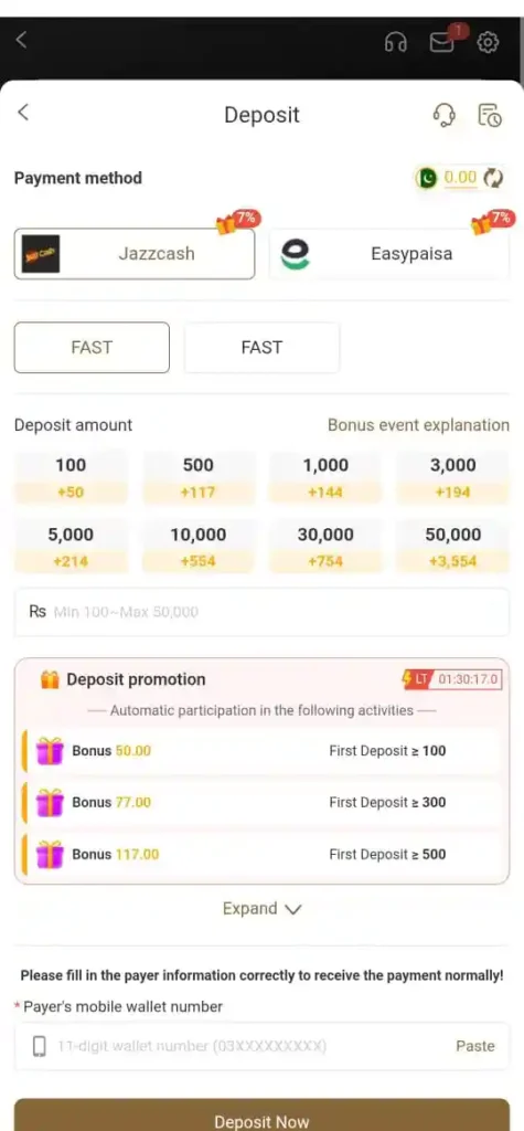 VK777 Game wallet deposit page with Easypaisa, JazzCash options.
