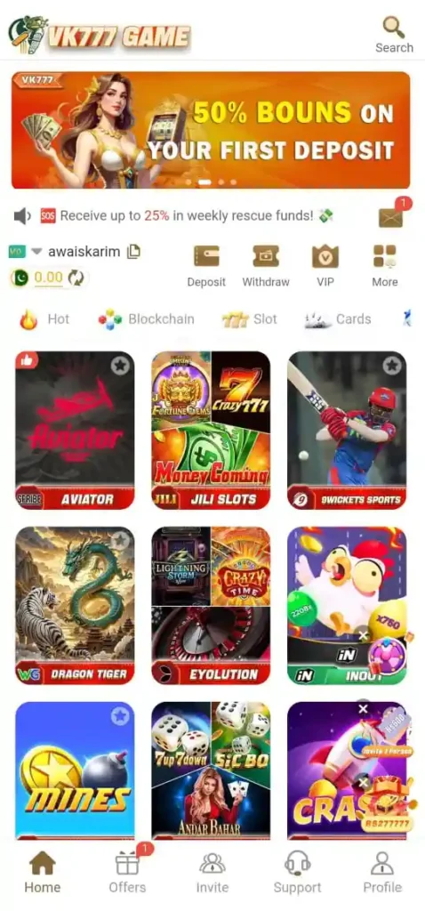 VK777 Game main dashboard with Teen Patti, Rummy, Poker, and Slots icons.
