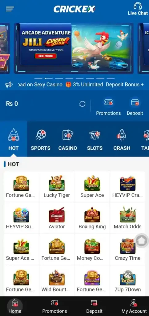 Crickex App home screen showing live cricket betting and casino game options.