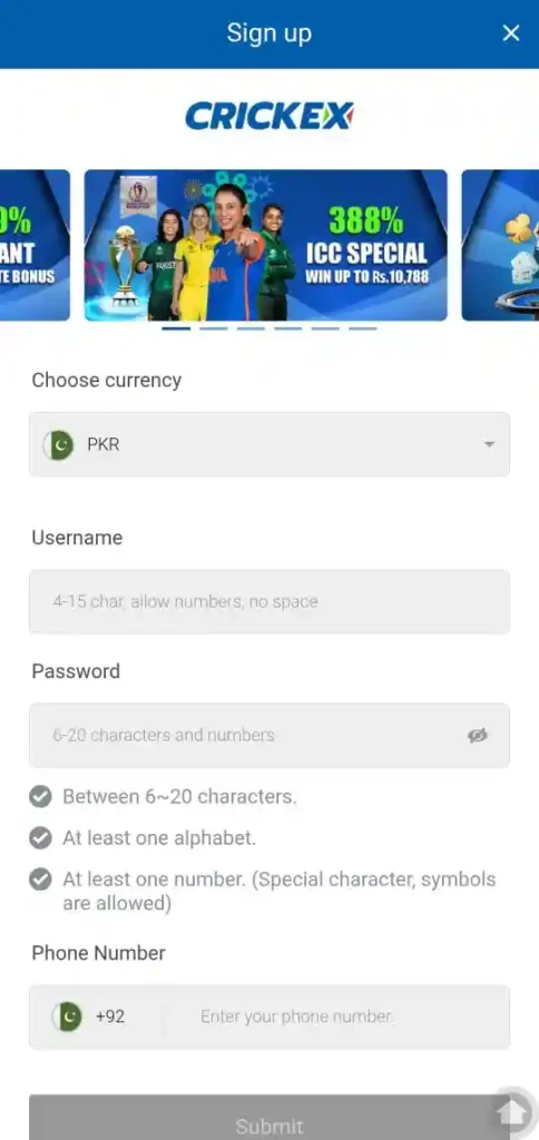 Crickex App registration page with fields for mobile number, email, and password.