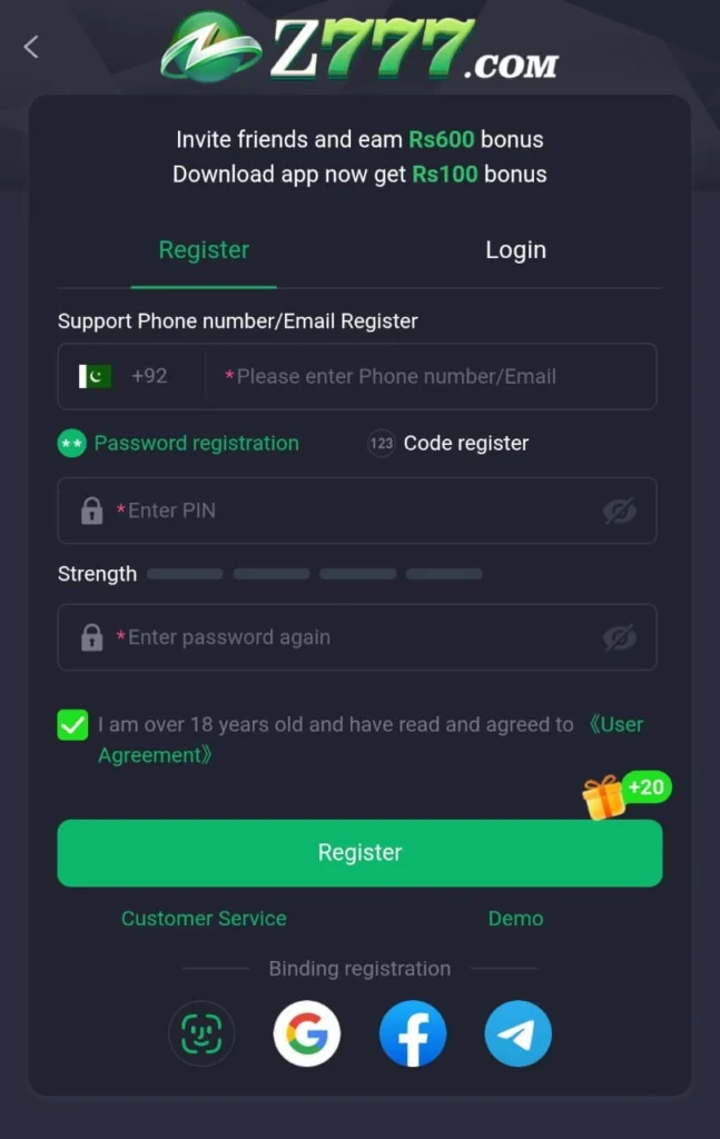 Screenshot showing registration form for new users in Z777 Game.
