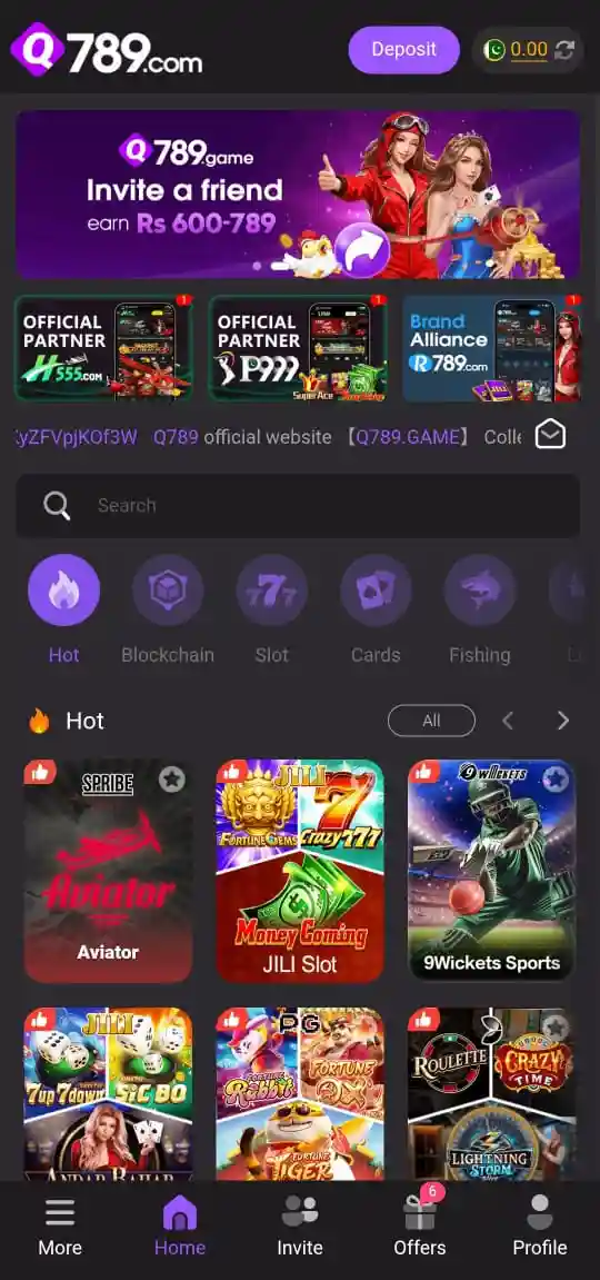 Q789 Game home screen showing different online games and options for players.