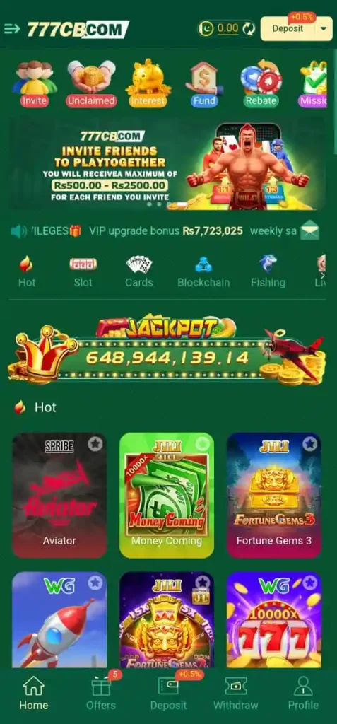 Home screen of 777CB Game showing Teen Patti, Rummy, and Slots.