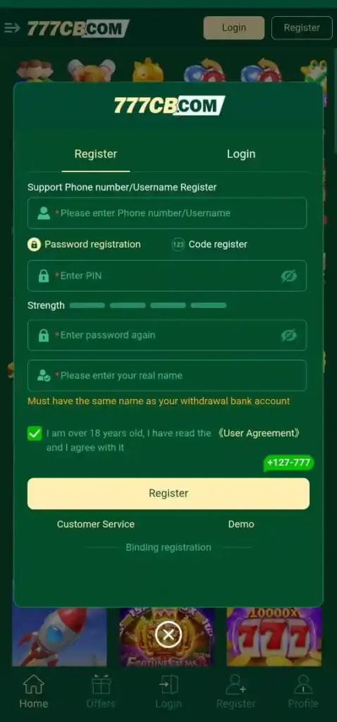 777CB Game registration page with mobile number and password fields.