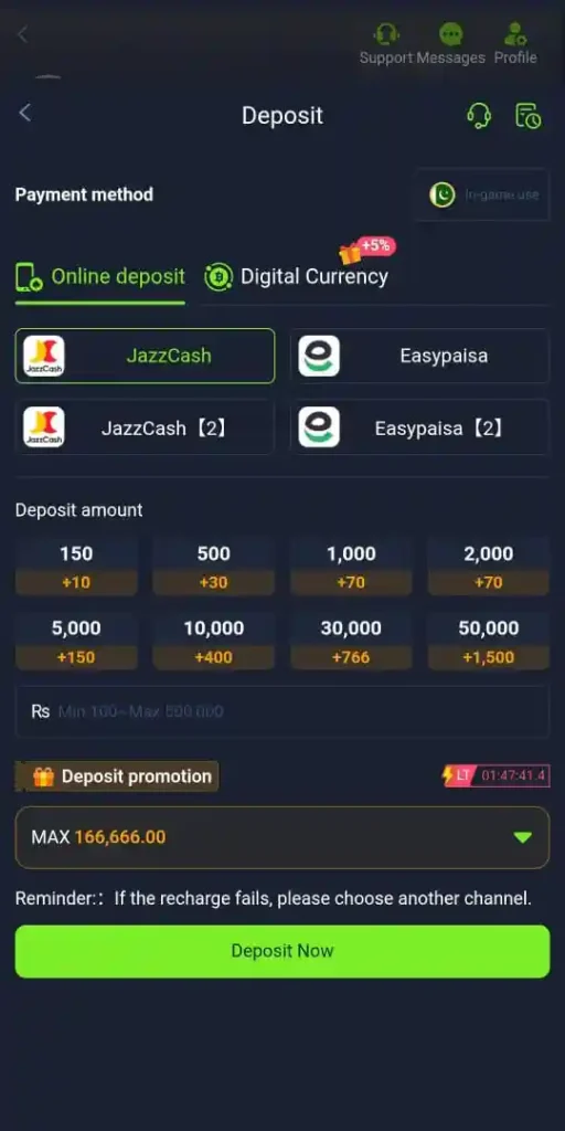 M666 Game deposit screen showing multiple payment options like Easypaisa and JazzCash.