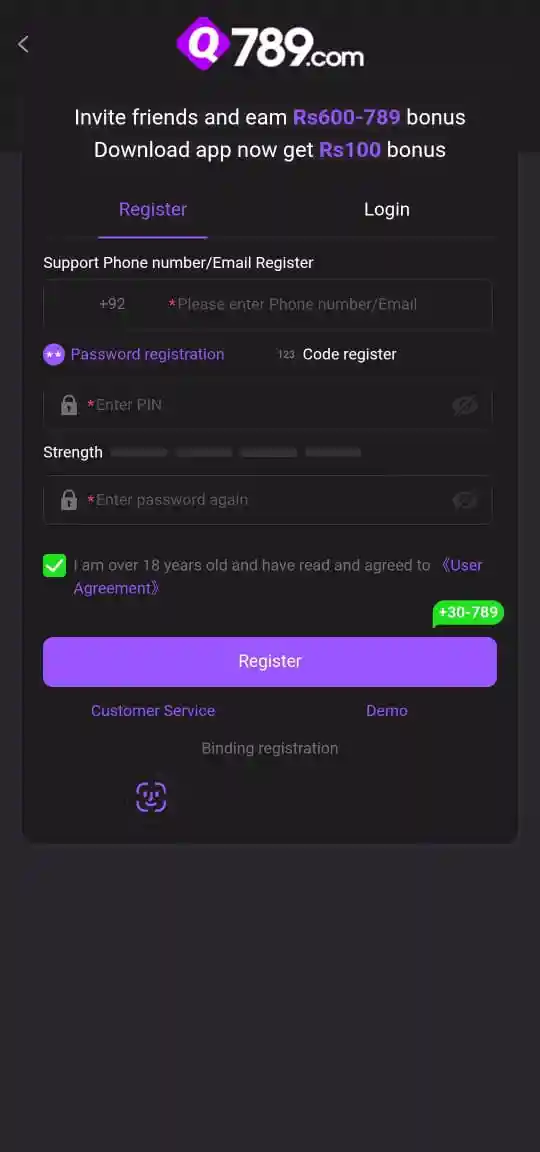 Q789 Game register page where new players can create their account by entering basic details like name, number, and password.