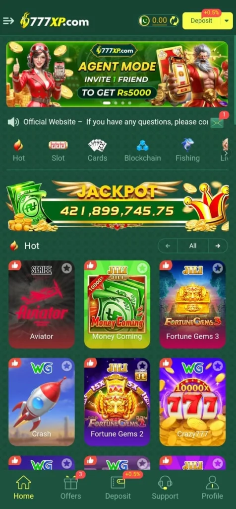 777XP Game main dashboard showing popular casino and card games.