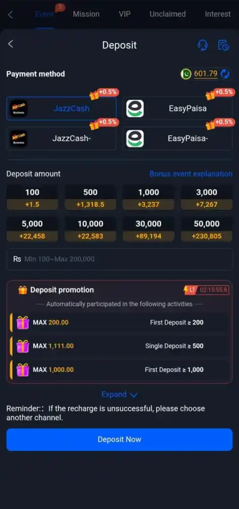 Deposit method in X111 Game.