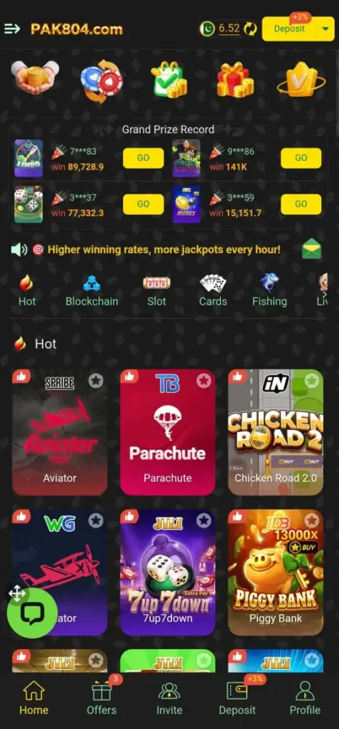 Dashboard of Pak804 Game showing different types of games.