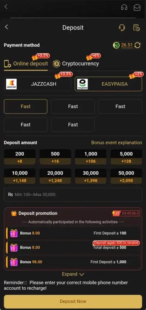 Deposit method in PK 98 Game