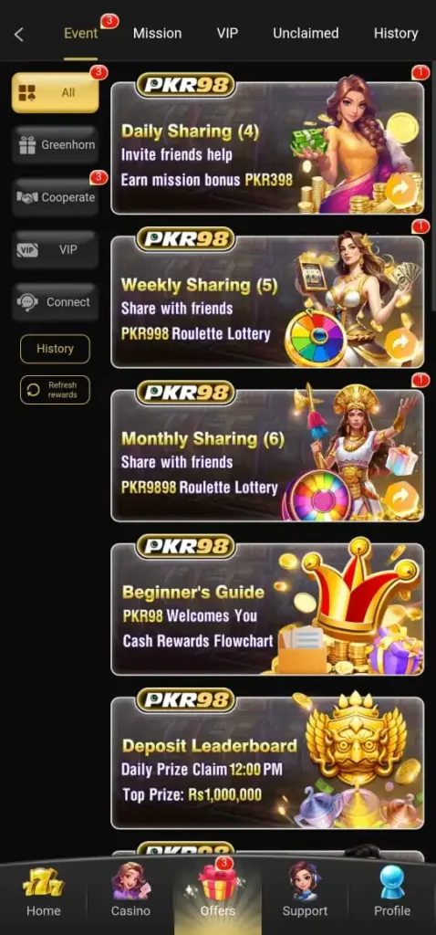 Events and offers in PK 98 Game