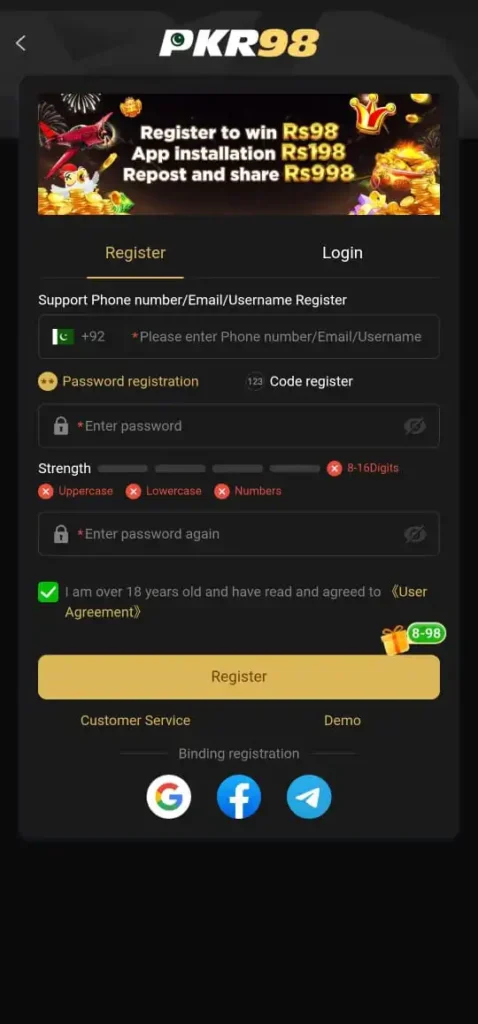 Register and log in method in PK 98 Game