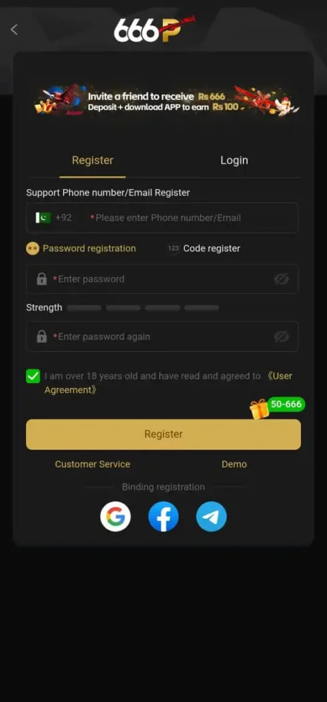 Registration and log in method in 666P Game.