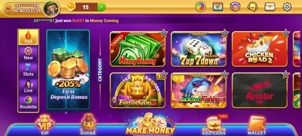 Dashboard of M Jispin Game showing different games.