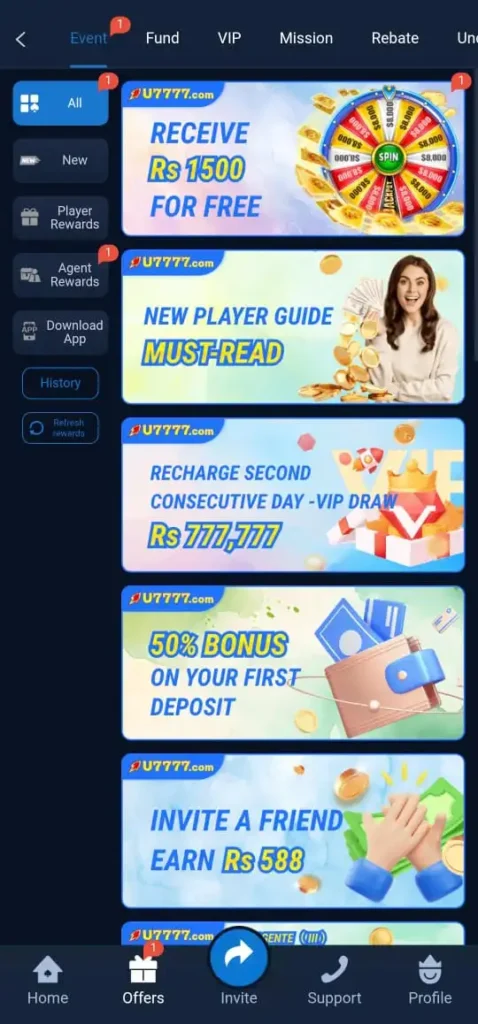Events and offers of U7777 Game.