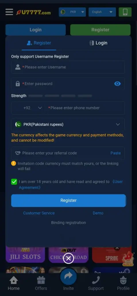 Register and login method in U7777 Game.