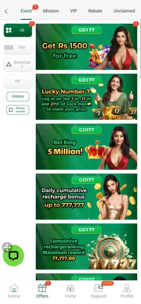 Event and offers in Go177 Game.