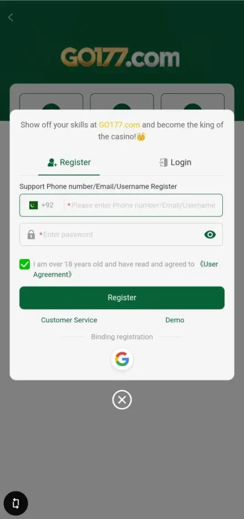 Register and login method in Go177 Game.