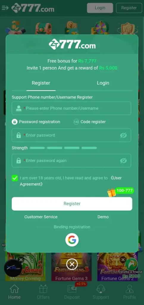 Register and login option in ZT777 Game.