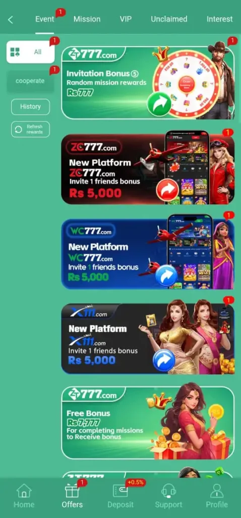 Events and offers in ZT777 Game.