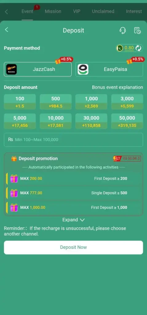 Deposit method in ZT777 Game.
