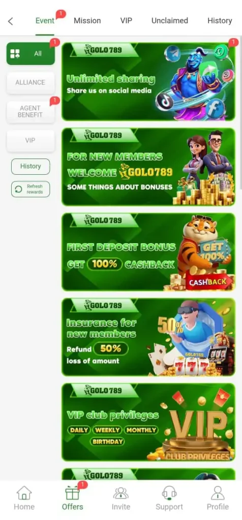 Offers and events in GOLO789 Game.