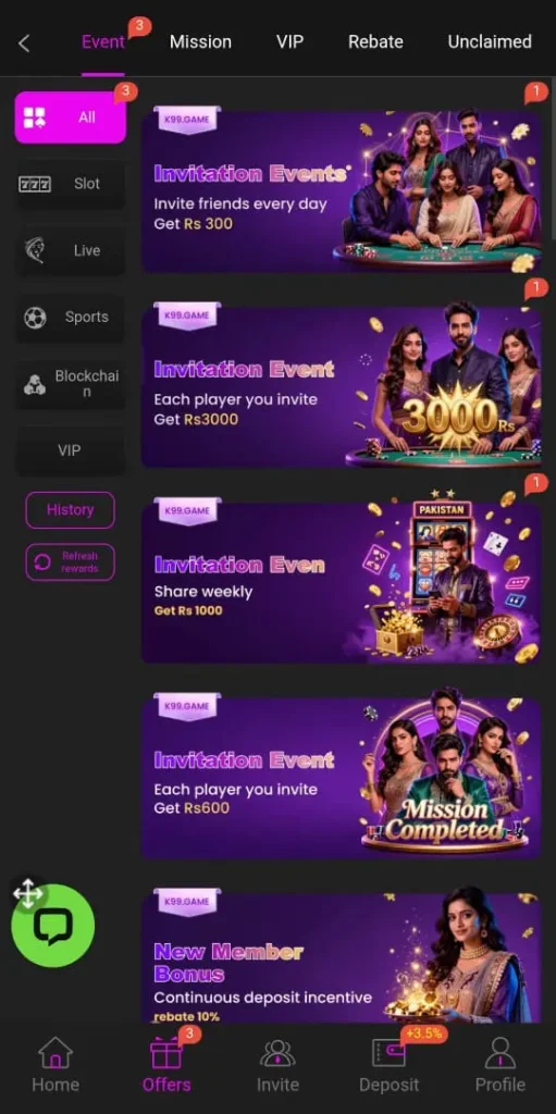 Events and offers in K99 Game.