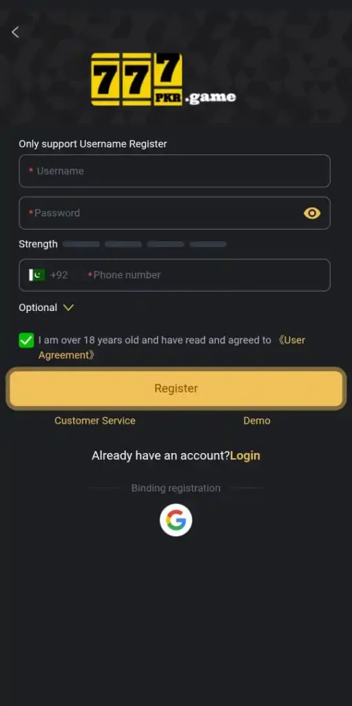 Register method in 777PKR Game.