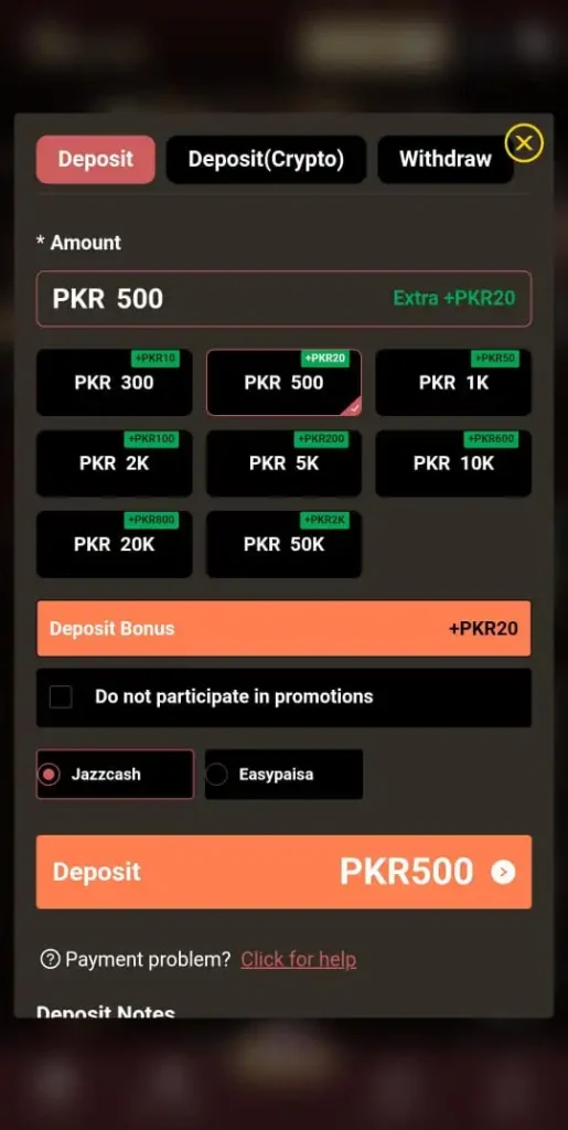 Deposit method in 99Game.