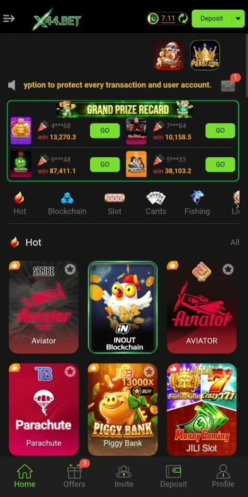 Dashboard of X44 Bet Game.