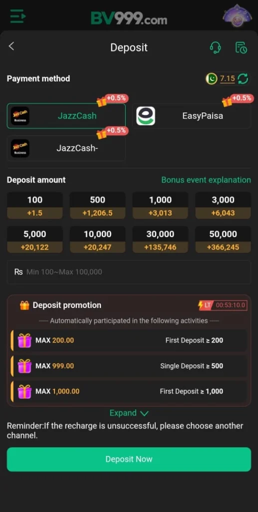 BV999 game deposit and withdrawal options using Easypaisa and JazzCash.