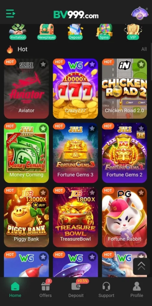 BV999 game home screen showing casino and card games on Android.