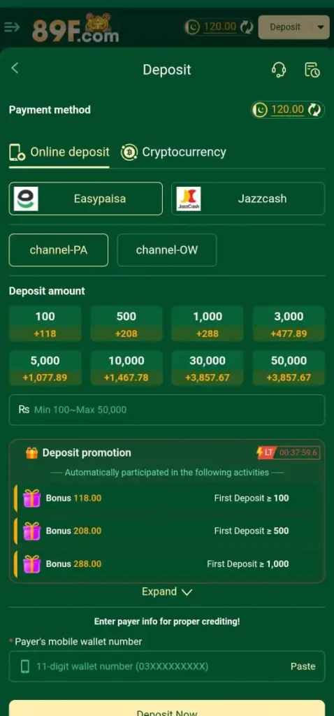 Deposit method in 89F Game.