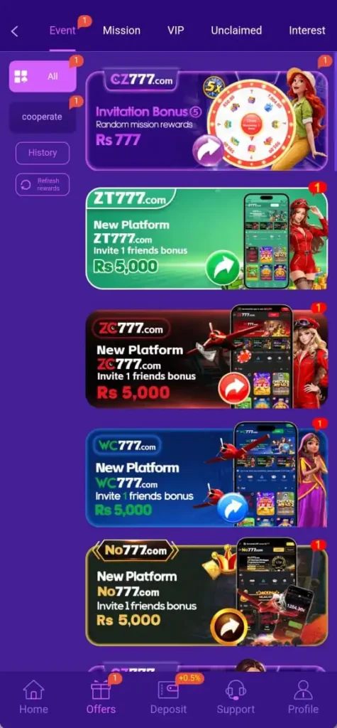 Offers and events in CZ777 Game.