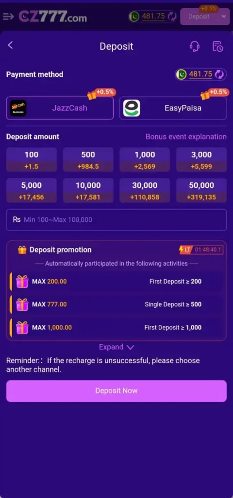 Deposit method in CZ777 Game.