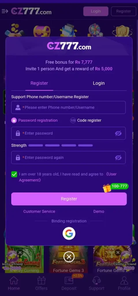 Register and login method in CZ777 Game.