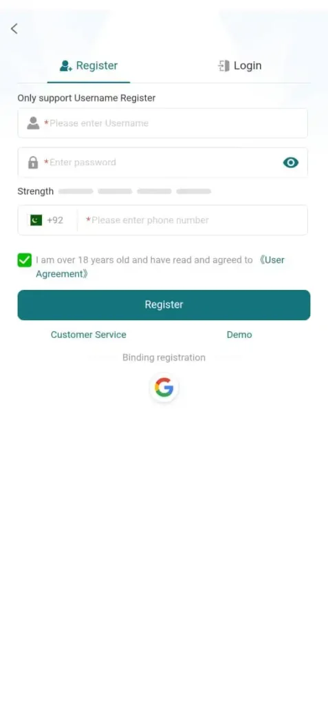Register and login options in WC99 Game.