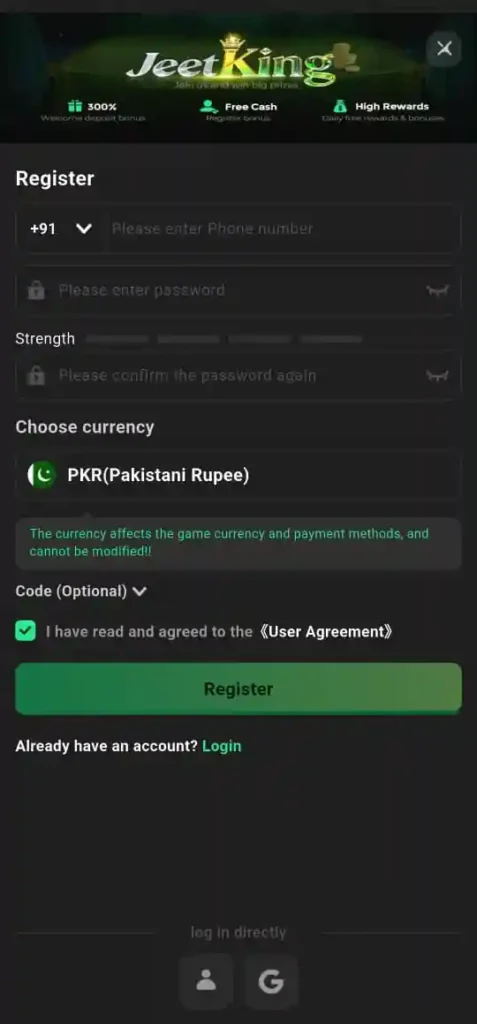 Register method in JeetKing Game.