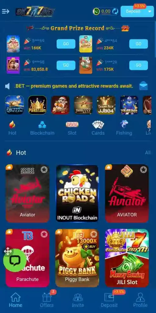 SK777 Game home screen showing multiple casino games and bonus options.