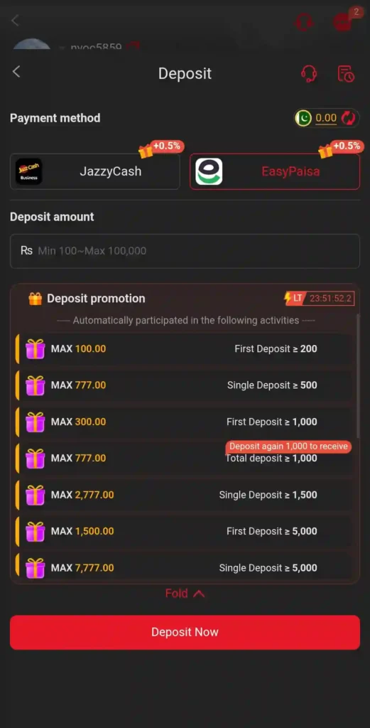 88EF app deposit screen showing payment options.