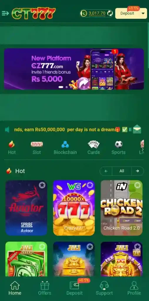 Home page of CT777 Game showing different types of games.